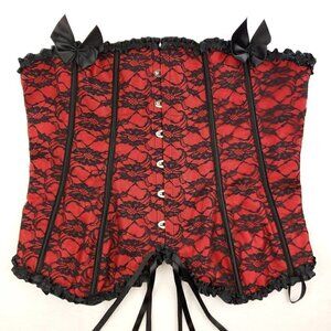 Red Black Corset Floral Lace Bows Boudoir Burlesque Lingerie Plus Size 5XL